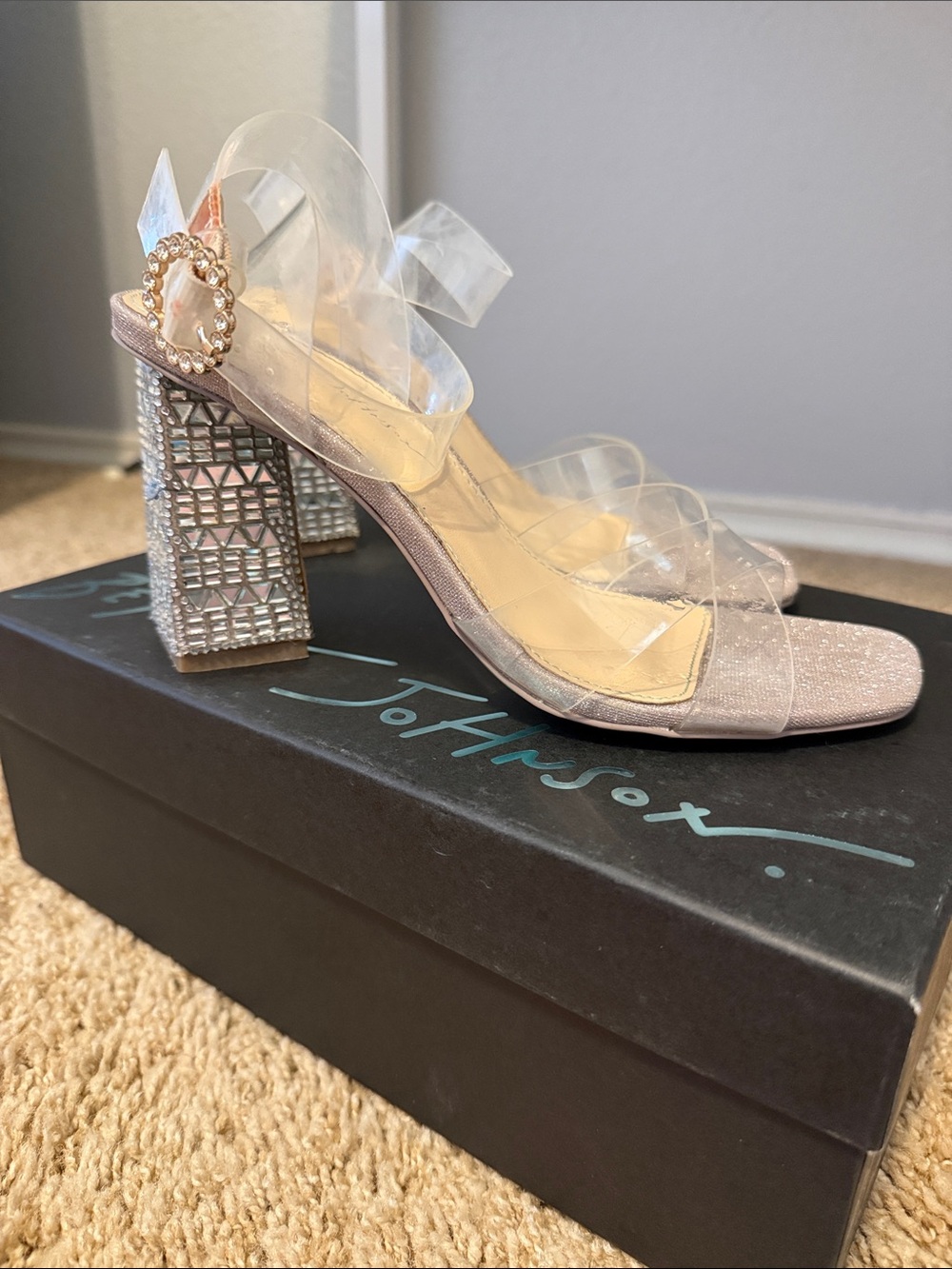 Betsey Johnson Pink Glitter Block Heel Sandals with Crystal-Embellished Heel
